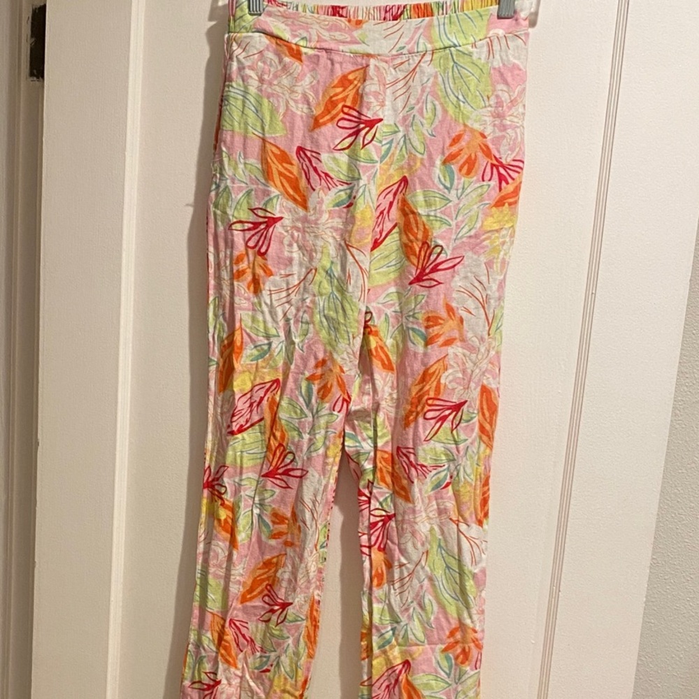 Women’s Pink Floral Resort Wear Linen Blend Tropical Print Pants XS